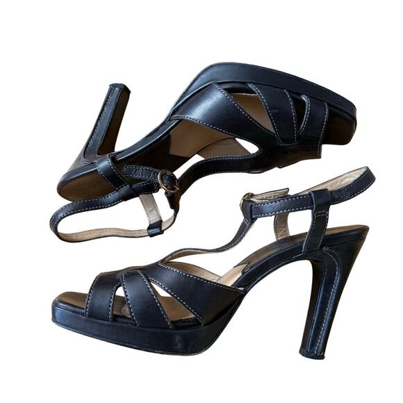 Michael Kors Black Leather Platform Open Toe T-strap Sandals Size 8M 90's Y2K - Picture 3 of 14